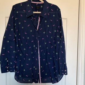 Talbots Navy Shirt with Tropical Print sunglasses palm trees cotton 2X button